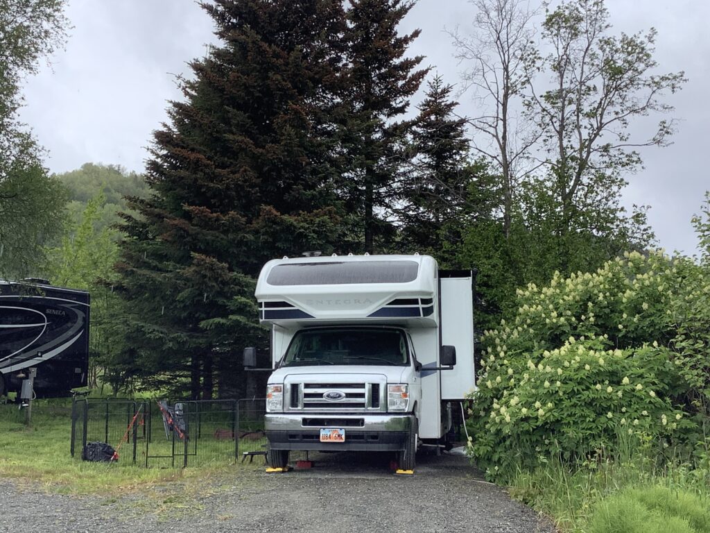 This beautiful RV sitting at RV Site 3….. RV Sites in Homer Alaska